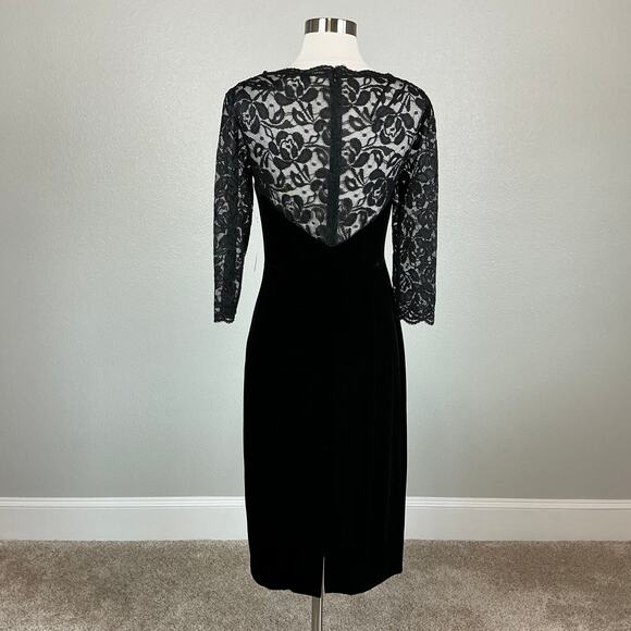 Eliza J Velvet and Lace Midi Sheath Cocktail Dress Size 6 Black 3/4 Long Sleeve - Picture 2 of 13